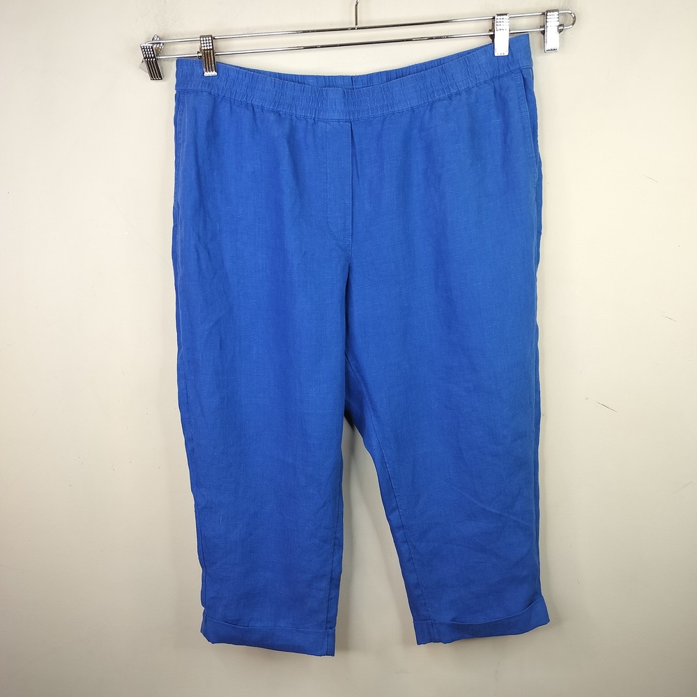 J.Jill Linen Cropped Pull On Pants Large Elastic Waist Pockets Blue